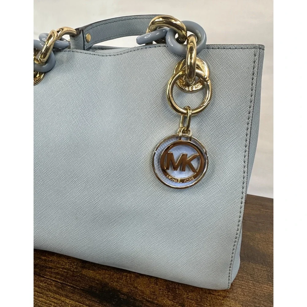 Michael Kors Cynthia Satchel Pale Blue Saffiano Leather Chain Handle Handbag